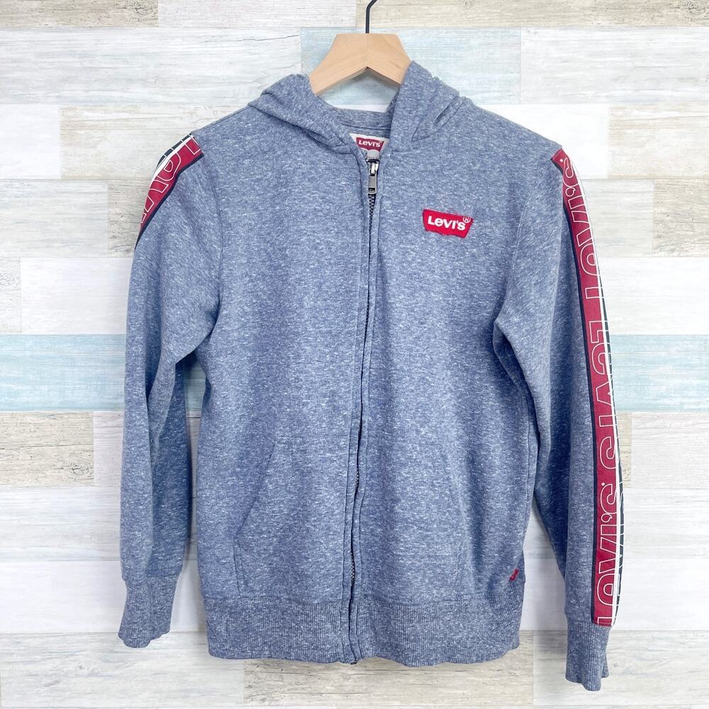 LEVIS Spellout Sleeve Hooded Sweatshirt Gray Full Zip Kangaroo Pocket Boys Large